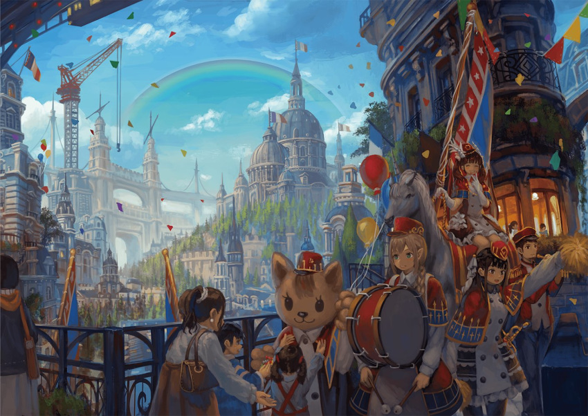 6+boys 6+girls bag black_hair blush brown_hair closed_eyes day facing_viewer grin handbag long_hair looking_at_another looking_away marching_band multiple_boys multiple_girls original outdoors parted_lips ponytail rainbow scenery short_hair sitting smile standing teeth usagino_suzu