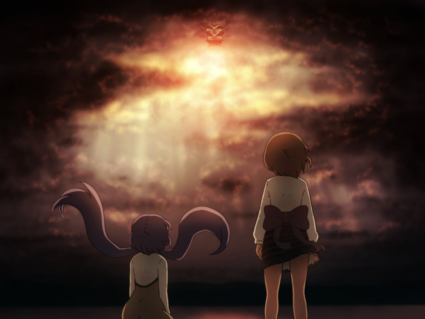 2girls black_skirt blurry brown_hair castle clouds cloudy_sky commentary_request depth_of_field dress feet_out_of_frame floating_hair from_behind koisuru_asteroid lake layered_dress light_rays low_twintails mountainous_horizon multiple_girls outdoors parody petticoat purple_hair shining_needle_castle shirosato shirt short_hair siblings sisters sitting skirt sky standing sunbeam sunlight touhou tsukumo_benben tsukumo_yatsuhashi twilight twintails white_shirt wind wind_lift