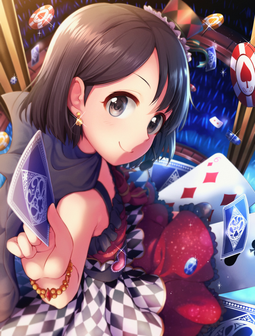 1girl ayami_(ayanoayanosuke) bare_shoulders black_eyes black_hair bracelet cape card commentary_request diamond_(shape) dress earrings frilled_dress frills glowstick hair_ornament hat highres idolmaster idolmaster_cinderella_girls jewelry looking_at_viewer looking_back looking_up mini_hat playing_card poker_chip sasaki_chie short_hair sleeveless sleeveless_dress smile solo spade_(shape)