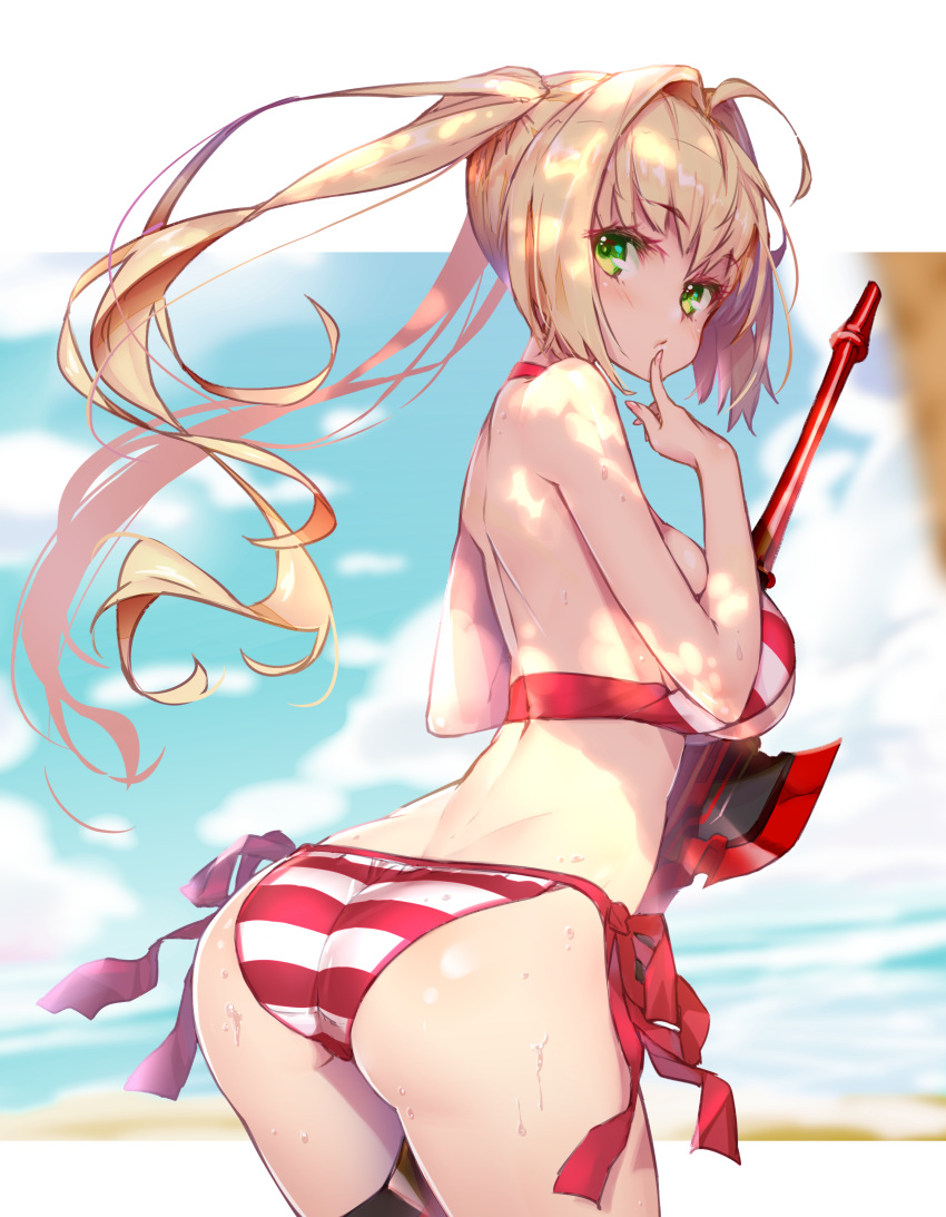 1girl absurdres aestus_estus ahoge ass bikini blonde_hair blurry breasts cowboy_shot day depth_of_field eyebrows_visible_through_hair fate/grand_order fate_(series) finger_to_mouth from_behind hair_intakes halterneck highres hip_focus hong_(white_spider) large_breasts leaning_forward long_hair looking_at_viewer looking_back nero_claudius_(fate)_(all) nero_claudius_(swimsuit_caster)_(fate) outdoors outside_border paid_reward patreon_reward side-tie_bikini sideboob solo striped striped_bikini swimsuit twintails under_boob wet