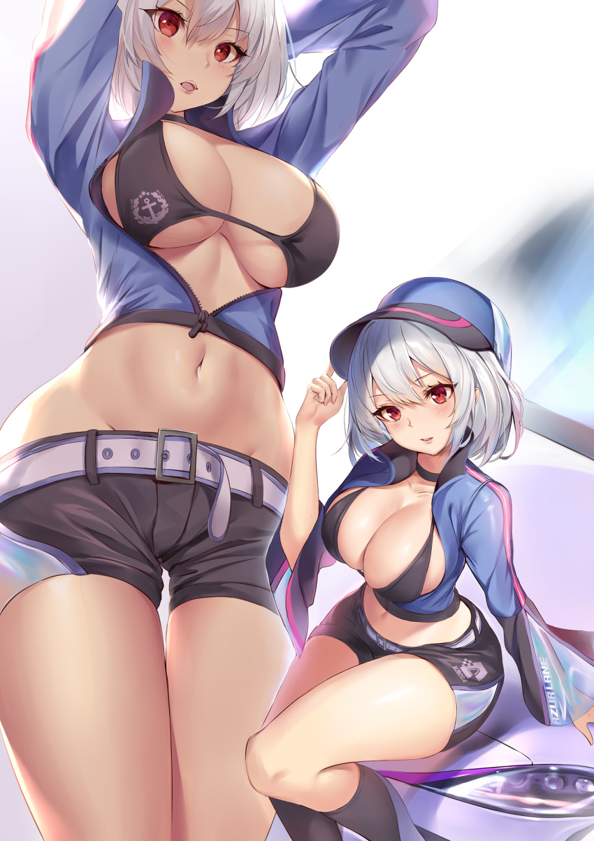 1girl azur_lane bangs bikini_top blush breasts car eyebrows_visible_through_hair ground_vehicle hair_between_eyes highres large_breasts looking_at_viewer motor_vehicle multiple_views navel open_mouth pdxen racequeen red_eyes short_hair short_shorts shorts sirius_(azur_lane) sitting smile swimsuit swimsuit_under_clothes white_hair