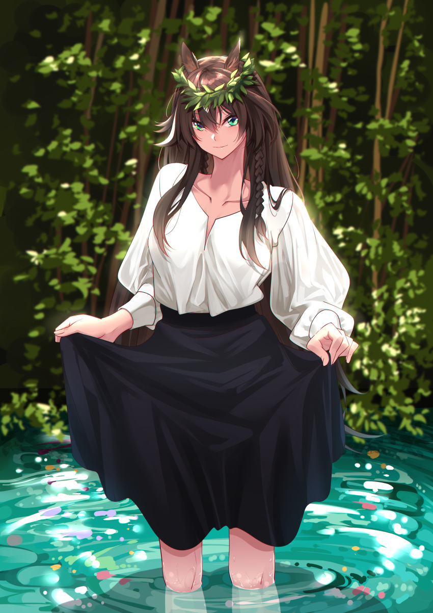 1girl absurdres alternate_costume alternate_hair_length alternate_hairstyle animal_ears arknights black_skirt braid breasts brown_hair collarbone cowboy_shot day forest green_eyes hair_between_eyes head_wreath highres horse_ears long_hair long_sleeves looking_at_viewer medium_breasts meteor_(arknights) nature outdoors ripples shijie_jianfa shirt side_braids skirt skirt_hold smile solo straight_hair tree twin_braids wading water white_shirt wide_sleeves