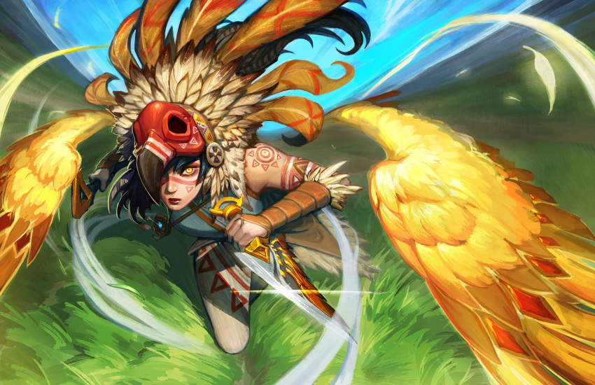 1girl air_current akali alternate_costume arm_tattoo black_hair blurry blurry_background charging_forward dagger dual_wielding eyeshadow facial_tattoo feathered_wings feathers field fringe_trim grass headdress highres holding holding_weapon incoming_attack jewelry joseph_kim league_of_legends lipstick looking_at_viewer makeup motion_blur necklace orange_eyes outdoors pendant red_lips running serious sky sleeveless tattoo tribal weapon wings wrist_wrap yellow_eyes