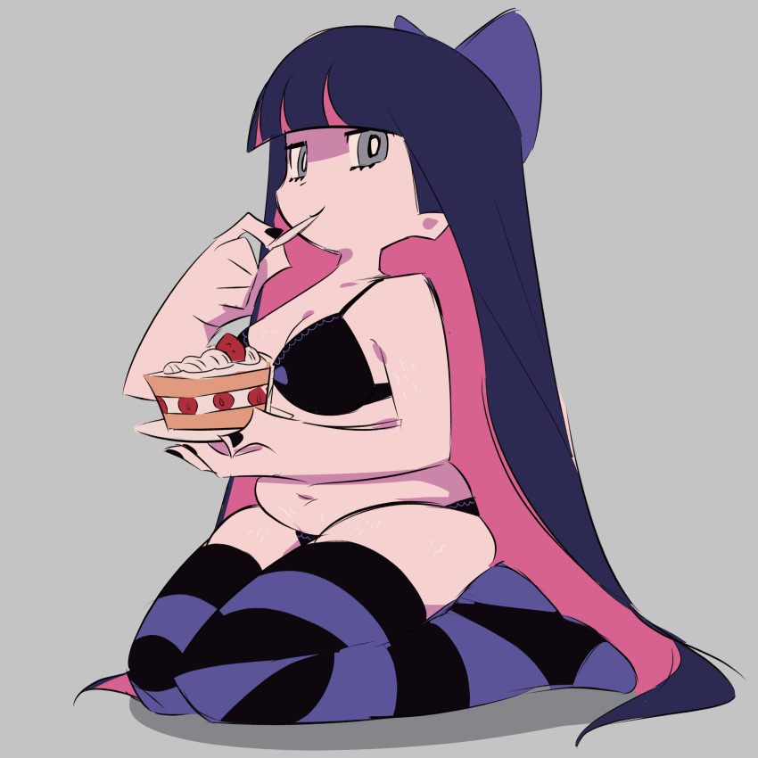 1girl absurdres bangs belly black_bra black_panties blue_bow blue_hair blunt_bangs bow bra breasts cake commentary dessert eating english_commentary food full_body grey_background grey_eyes hair_bow highres holding holding_plate kneeling large_breasts long_hair looking_at_viewer multicolored_hair nail_polish navel panties panty_&amp;_stocking_with_garterbelt pink_hair plate plump shadow simple_background solo stocking_(psg) strawberry_shortcake striped striped_legwear thigh-highs tomatomagica two-tone_hair underwear very_long_hair