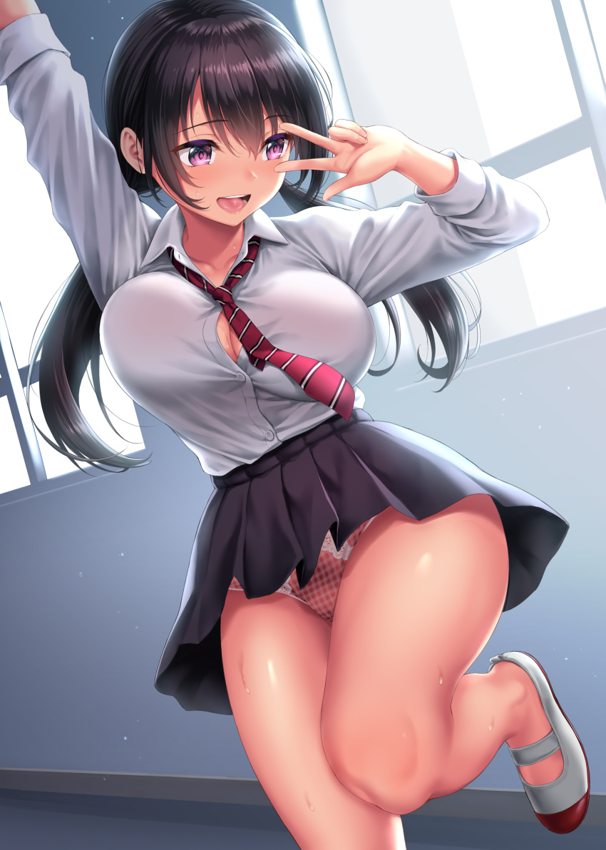 1girl absurdres arm_up backlighting bangs black_hair black_skirt blush breasts bursting_breasts collared_shirt dress_shirt fanbox_reward hair_between_eyes hallway hand_up highres kase_daiki large_breasts loafers long_hair looking_to_the_side low_twintails necktie no_socks open_mouth original paid_reward panties pink_panties red_neckwear shirt shoes skirt sleeves_rolled_up smile solo thighs twintails unaligned_breasts underwear uwabaki violet_eyes w white_footwear white_shirt window