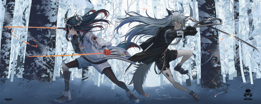 2girls :d animal_ears arknights belt black_hair black_legwear dual_wielding forest hamachi_hazuki highres holding jacket lappland_(arknights) long_hair multiple_girls nature open_mouth outdoors redhead sharp_teeth shorts simple_background smile snow tail teeth texas_(arknights) trench_coat