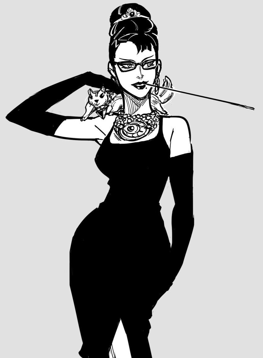 1girl audrey_hepburn bare_shoulders bayonetta bayonetta_(character) bayonetta_2 bb_(baalbuddy) breakfast_at_tiffany's breasts cigarette_holder contrapposto cowboy_shot diadem dress elbow_gloves glasses gloves grey_background greyscale hand_up highres jewelry loki_(bayonetta) looking_to_the_side medium_breasts mole mole_under_mouth monochrome mouth_hold necklace parted_lips simple_background skin_tight smile solo squirrel standing