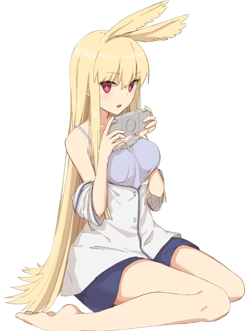 1girl bangs bare_shoulders blonde_hair blue_skirt breasts collarbone commentary_request elfenlied22 eyebrows_visible_through_hair fate/grand_order fate_(series) handheld_game_console head_wings highres holding_handheld_game_console large_breasts long_hair looking_at_viewer off-shoulder_shirt off_shoulder playstation_vita red_eyes shirt simple_background skirt smile thrud_(fate/grand_order) valkyrie_(fate/grand_order) white_background white_shirt