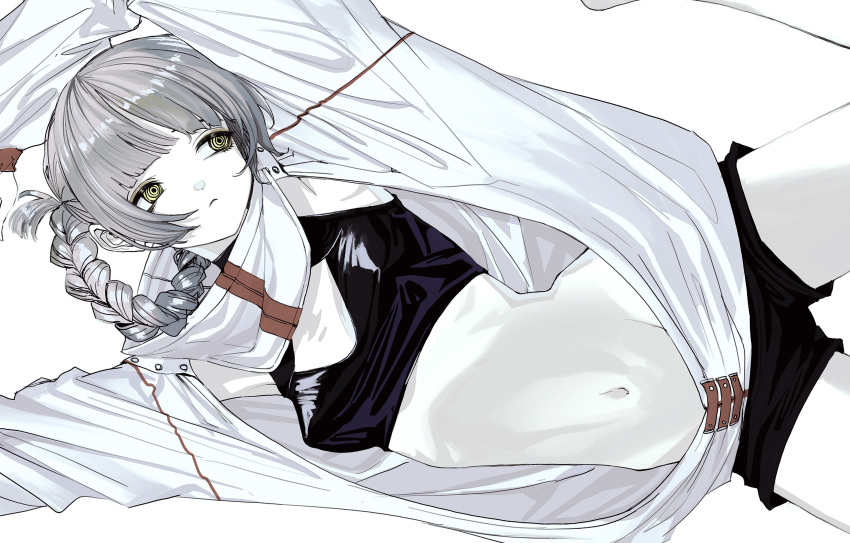 1girl absurdres afternooners arms_up black_shorts breasts closed_mouth expressionless eyebrows grey_hair highres long_sleeves looking_away navel original short_hair shorts small_breasts solo white_skin yellow_eyes