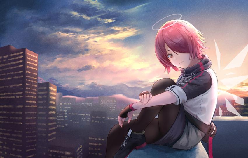 1girl absurdres arknights black_gloves black_legwear building city clouds energy_wings exusiai_(arknights) fingerless_gloves flower gloves hair_flower hair_ornament halo highres jacket leg_hug mountain pantyhose pouch red_eyes redhead rooftop shoes short_hair sitting skirt smile solo sunset uzurako