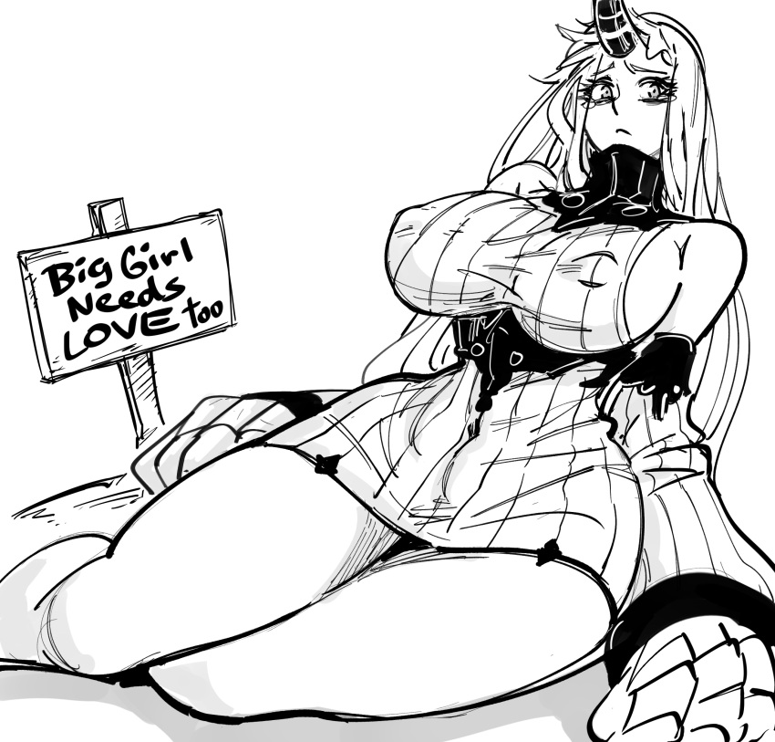1girl bb_(baalbuddy) blush breasts closed_mouth covered_nipples dress english_text feet_out_of_frame greyscale highres horn huge_breasts kantai_collection long_hair long_sleeves looking_at_viewer monochrome oversized_forearms oversized_limbs ribbed_sweater seaport_hime sign simple_background sitting solo sweater sweater_dress tearing_up tears underbust white_background yokozuwari
