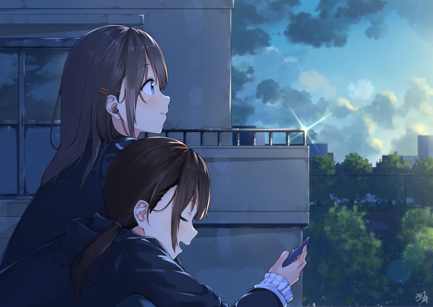 2girls :d black_hair black_jacket blazer blue_eyes blue_sky blush building cellphone closed_eyes closed_mouth clouds cloudy_sky commentary_request earphones earphones glint hair_ornament hairclip holding holding_phone jacket long_hair long_sleeves low_twintails miko_fly multiple_girls open_mouth original outdoors phone profile school_uniform signature sitting sky sleeves_past_wrists smile tree twintails upper_body