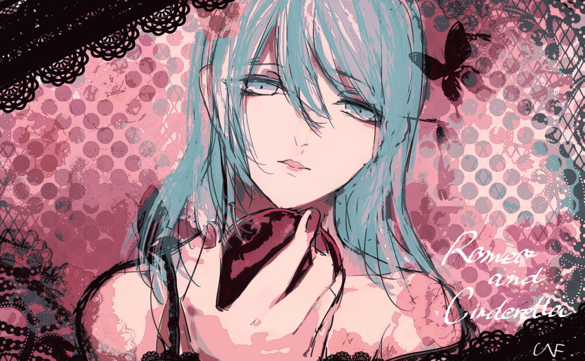 1girl apple aqua_eyes aqua_hair bare_shoulders bug butterfly collarbone food fruit hair_down half-closed_eyes hatsune_miku highres holding holding_food holding_fruit insect lace looking_at_viewer messy_hair nyakkunn parted_lips pastel_colors pink_nails polka_dot polka_dot_background romeo_to_cinderella_(vocaloid) sketch strap_slip vocaloid