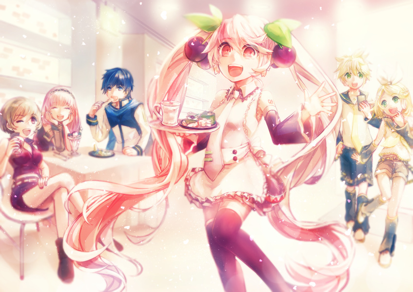 apron armband bangs bare_shoulders bass_clef black_collar black_shorts black_sleeves blonde_hair blue_coat blue_eyes blue_hair blue_scarf bow brown_eyes brown_hair cafe can cherry cherry_blossom_cookie_(food) cherry_hair_ornament coat collar commentary crop_top crossed_legs dated dessert detached_sleeves eating food food_themed_hair_ornament fork frilled_apron frills fruit hair_bow hair_ornament hairband hairclip hatsune_miku head_in_hand headphones headset holding holding_can holding_fork holding_tray indoors kagamine_len kagamine_rin kaito leg_warmers long_hair looking_at_viewer megurine_luka meiko neckerchief necktie one_eye_closed open_mouth parfait pink_hair red_shirt red_skirt sailor_collar sakura_miku sakura_mochi scarf school_uniform shirt shizuki_(glasses2339) short_hair short_ponytail short_shorts short_sleeves shorts shoulder_tattoo single_sleeve sitting skirt sleeveless sleeveless_shirt smile spiky_hair swept_bangs table tattoo thigh-highs tray twintails two-tone_coat very_long_hair vocaloid wagashi waving white_bow white_coat white_shirt yellow_neckwear zettai_ryouiki