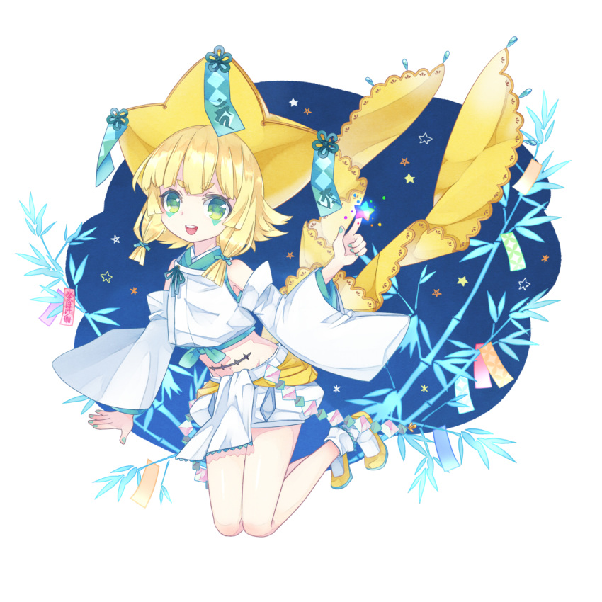 1girl blonde_hair blue_nails blush detached_sleeves eyebrows_visible_through_hair facial_mark green_eyes highres jirachi looking_at_viewer merlusa navel open_mouth personification pokemon short_hair smile socks solo star star-shaped_pupils symbol-shaped_pupils thick_eyebrows upper_teeth white_legwear yellow_footwear