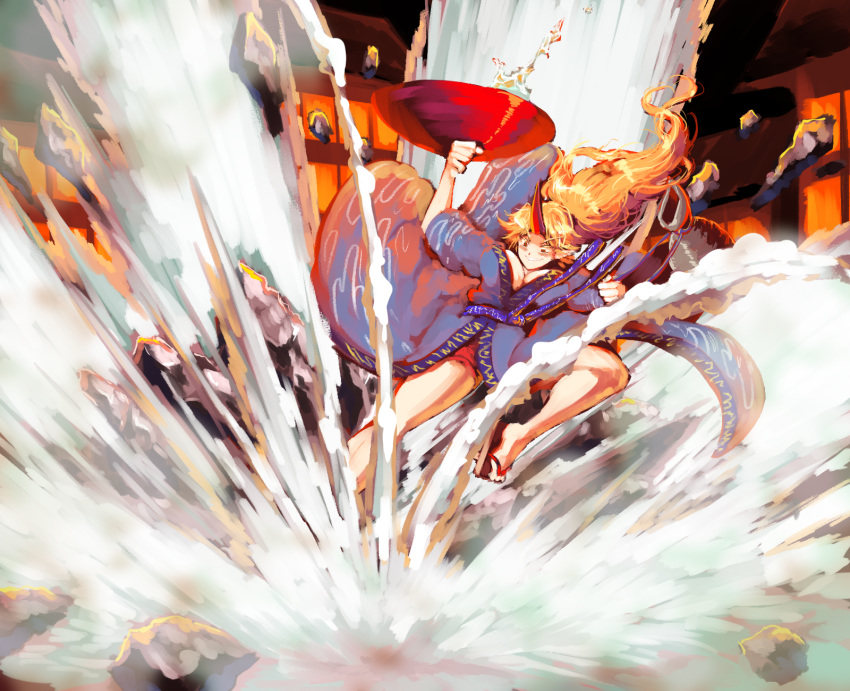 1girl alcohol attack bangs blonde_hair blue_kimono blush breasts clenched_hands commentary commentary_request cup ears eyebrows eyebrows_visible_through_hair floating floating_clothes floating_hair floating_object full_body geta grin highres holding holding_cup hoshiguma_yuugi japanese_clothes kimono large_breasts liquid long_hair long_sleeves looking_down night off-shoulder_kimono off_shoulder outdoors pointy_ears ponytail red_eyes rock sakazuki smile solo spell_card sunyup touhou touhou_gouyoku_ibun v-shaped_eyebrows vase water wide_sleeves