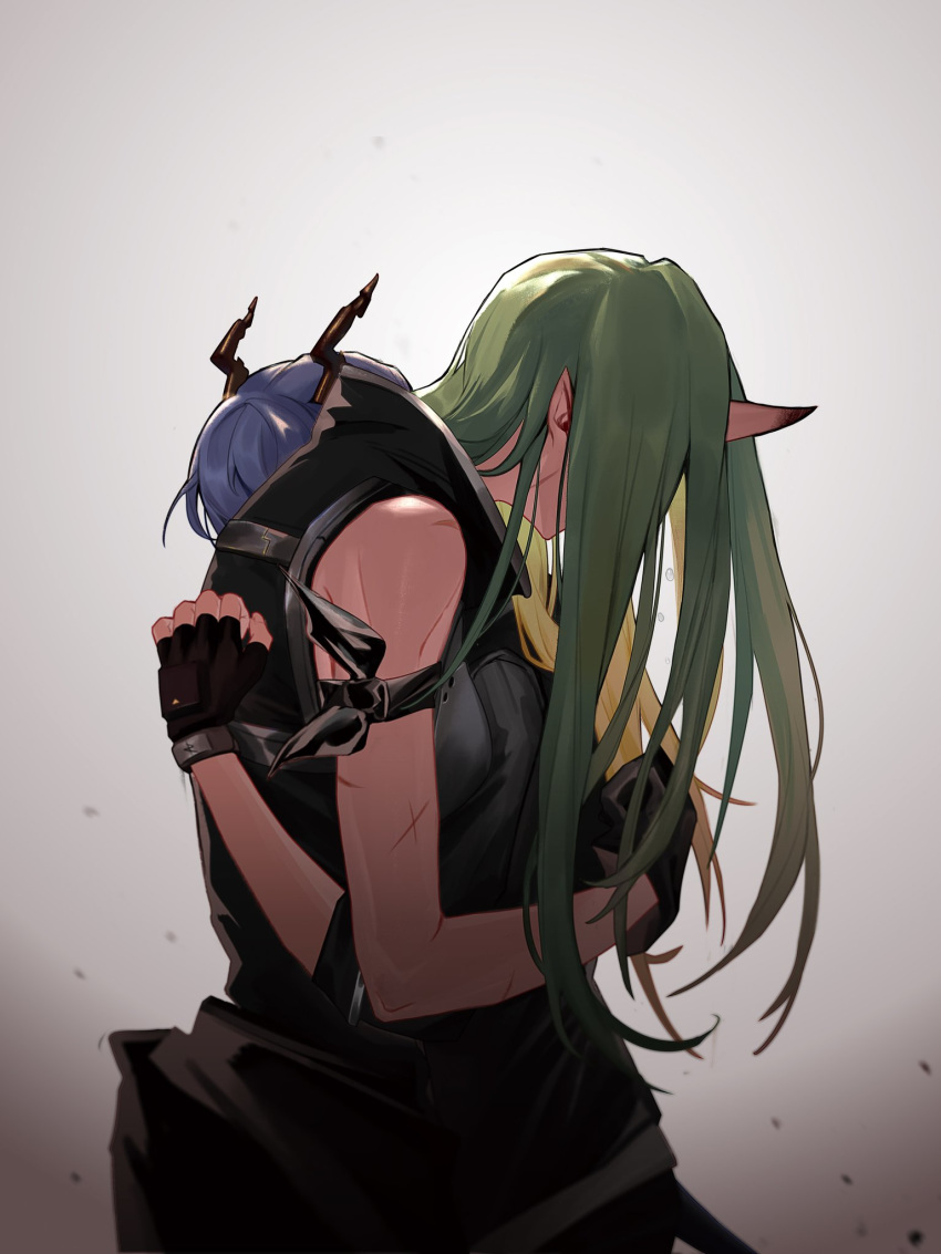 arknights arm_scarf bare_shoulders blue_hair ch'en_(arknights) clothes_around_waist commentary_request dragon_horns fingerless_gloves from_side gloves green_hair highres holding_another horn horns hoshiguma_(arknights) hug jacket_around_waist long_hair oni_horn oni_horns pointy_ears scar shirt shirt_around_waist skin-covered_horns sleeveless sleeveless_shirt ting_(machi_nakahara)