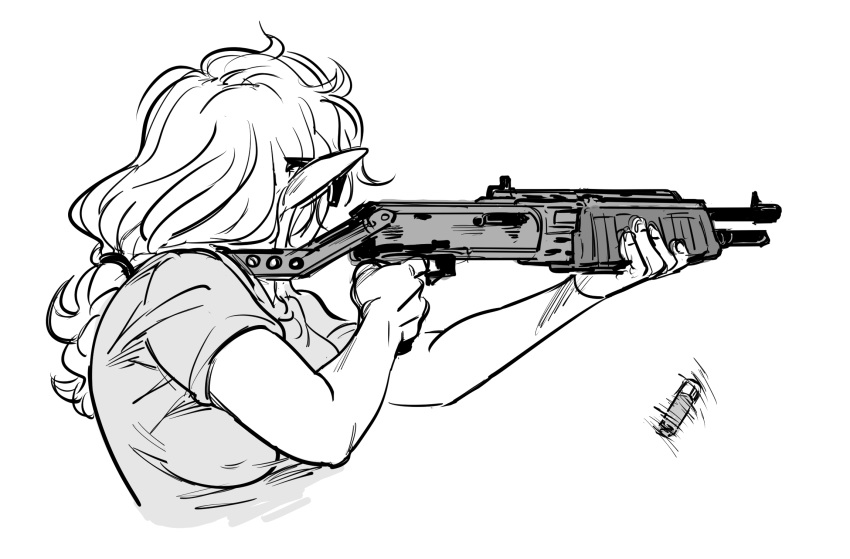 1girl aiming bb_(baalbuddy) elf finger_on_trigger from_behind greyscale gun highres holding holding_gun holding_weapon long_hair monochrome motion_blur original pointy_ears ponytail short_sleeves shotgun shotgun_shells simple_background solo spas-12 sunglasses upper_body weapon white_background