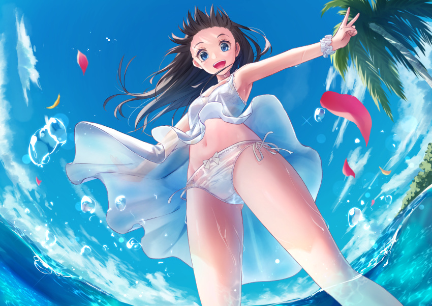 1girl :d ass_visible_through_thighs black_hair blue_eyes blue_sky blush bow bow_panties bra caustics clouds crotch_seam day dress dripping fisheye from_below hands_up highres legs_apart long_hair looking_at_viewer looking_down moe2020 navel ocean open_mouth original outdoors outstretched_arms palm_tree panties partially_underwater_shot petals scrunchie see-through shun'ya_(daisharin36) sky sleeveless sleeveless_dress smile solo sparkle spread_arms standing tree underwear v wading water_drop wet wet_clothes wet_panties white_bra white_dress white_panties wind wind_lift wrist_scrunchie