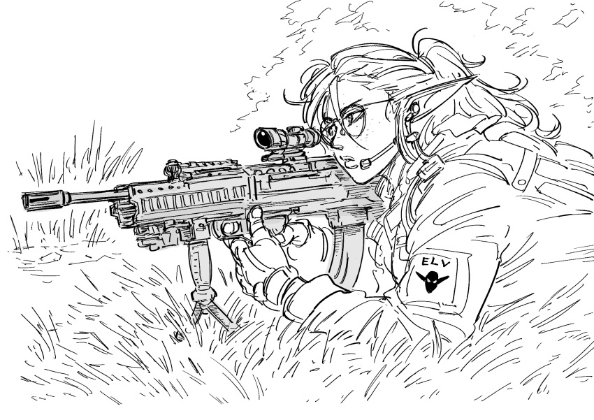 1girl assault_rifle bb_(baalbuddy) bullpup closed_mouth earphones earrings fingerless_gloves freckles from_side glasses gloves greyscale gun highres holding holding_gun holding_weapon jacket jewelry l85 long_sleeves lying microphone monochrome on_stomach original parted_lips pointy_ears ponytail rifle round_eyewear sniper sniper_rifle solo weapon