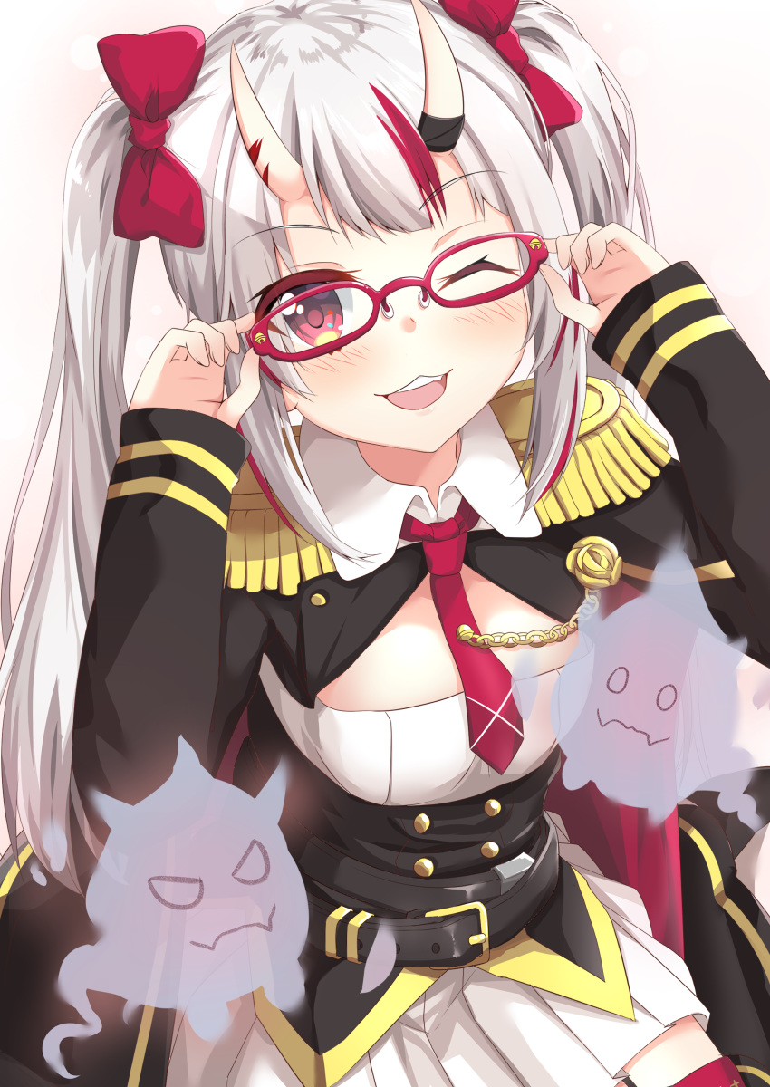 1girl absurdres blush borumete breasts commentary_request fang glasses hair_ornament highres hololive horns long_hair looking_at_viewer multicolored_hair nakiri_ayame one_eye_closed oni_horns open_mouth red_eyes silver_hair smile solo upper_teeth virtual_youtuber