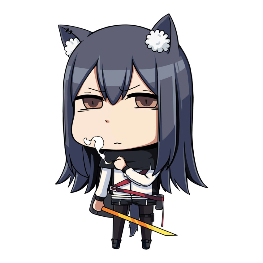 1girl animal_ear_fluff animal_ears arknights bangs black_capelet black_footwear black_hair black_legwear black_shorts boots brown_eyes capelet chibi cigarette eyebrows_visible_through_hair full_body hair_between_eyes highres holding holding_cigarette holding_sword holding_weapon holster jacket long_hair long_sleeves looking_at_viewer nestea pantyhose pouch riyo_(lyomsnpmp)_(style) short_shorts shorts simple_background smoke solo standing sword texas_(arknights) thigh_holster weapon white_background white_jacket wolf_ears