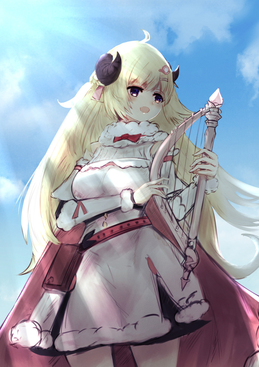 1girl :d absurdres ahoge blonde_hair blue_sky cape cero421 commentary_request curled_horns day detached_sleeves fur-trimmed_collar hair_ornament hairclip harp highres holding holding_instrument hololive horns huge_filesize instrument long_hair looking_away open_mouth pink_cape pouch sheep_horns sky smile solo tsunomaki_watame virtual_youtuber