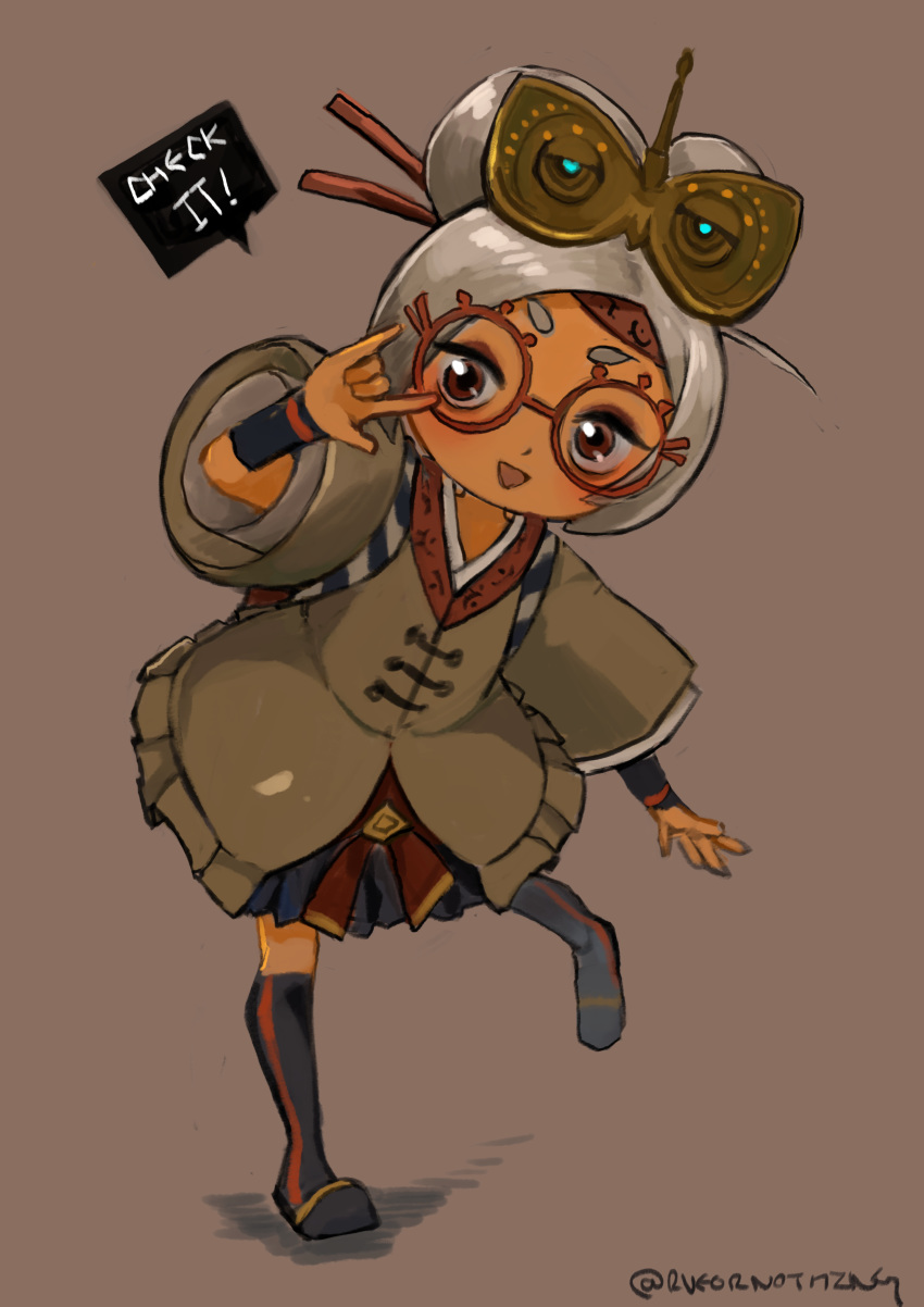 1girl \m/ absurdres artist_name blue_footwear blue_skirt blush boots brown_background brown_shirt child dark_skin english_commentary english_text eyeshadow flat_chest frilled_skirt frills glasses hair_ornament hair_stick hand_up happy headband highres knee_boots leg_up looking_at_viewer makeup miniskirt open_mouth purah red-framed_eyewear red_eyes red_headband rv_(gvdn7245) shiny shiny_hair shirt short_hair silver_hair simple_background skirt smile solo speech_bubble standing standing_on_one_leg talking the_legend_of_zelda the_legend_of_zelda:_breath_of_the_wild tied_hair topknot twitter_username wide_sleeves wristband