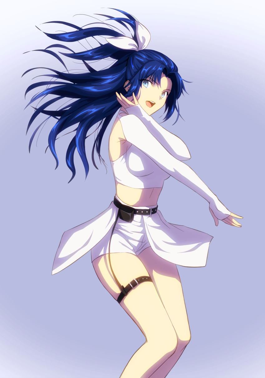1girl absurdres axia-chan belt belt_pouch blue_eyes blue_hair breasts ciel crop_top dancing detached_sleeves elesia hair_ribbon highres leg_garter legs_together long_hair long_sleeves medium_breasts messy_hair midriff navel open_mouth ponytail pouch ribbon shorts shorts_under_skirt single_garter_strap skirt sleeves_past_wrists solo teenage tsukihime white_ribbon white_shorts white_skirt