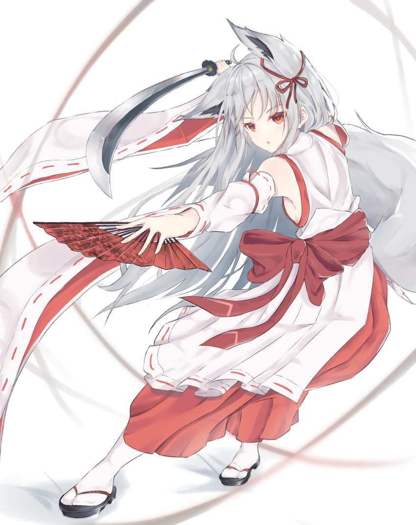 1girl :o animal_ears apron bangs bare_shoulders blush brown_eyes commentary_request detached_sleeves eyebrows_visible_through_hair fan folding_fan fox_ears fox_girl fox_tail full_body grey_hair hakama highres holding holding_fan holding_sword holding_weapon japanese_clothes katana kimono konotuki long_hair long_sleeves miko original outstretched_arm parted_bangs parted_lips red_hakama ribbon-trimmed_apron ribbon-trimmed_sleeves ribbon_trim sleeveless sleeveless_kimono socks solo sword tabi tail very_long_hair weapon white_apron white_background white_kimono white_legwear white_sleeves wide_sleeves