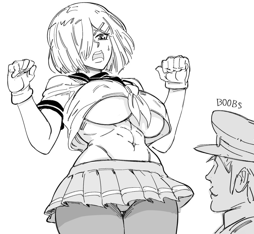 1boy 1girl abs admiral_(kantai_collection) bb_(baalbuddy) breasts covered_nipples cowboy_shot cropped_shirt english_text gloves greyscale groin hair_ornament hair_over_one_eye hairclip hamakaze_(kantai_collection) hands_up hat highres kantai_collection large_breasts miniskirt monochrome navel neckerchief one_eye_covered open_mouth panties pantyhose pantyshot pantyshot_(standing) peaked_cap pleated_skirt school_uniform serafuku short_hair short_sleeves simple_background skirt smile solo_focus standing sweatdrop thigh_gap toned under_boob underwear upshirt upskirt white_background