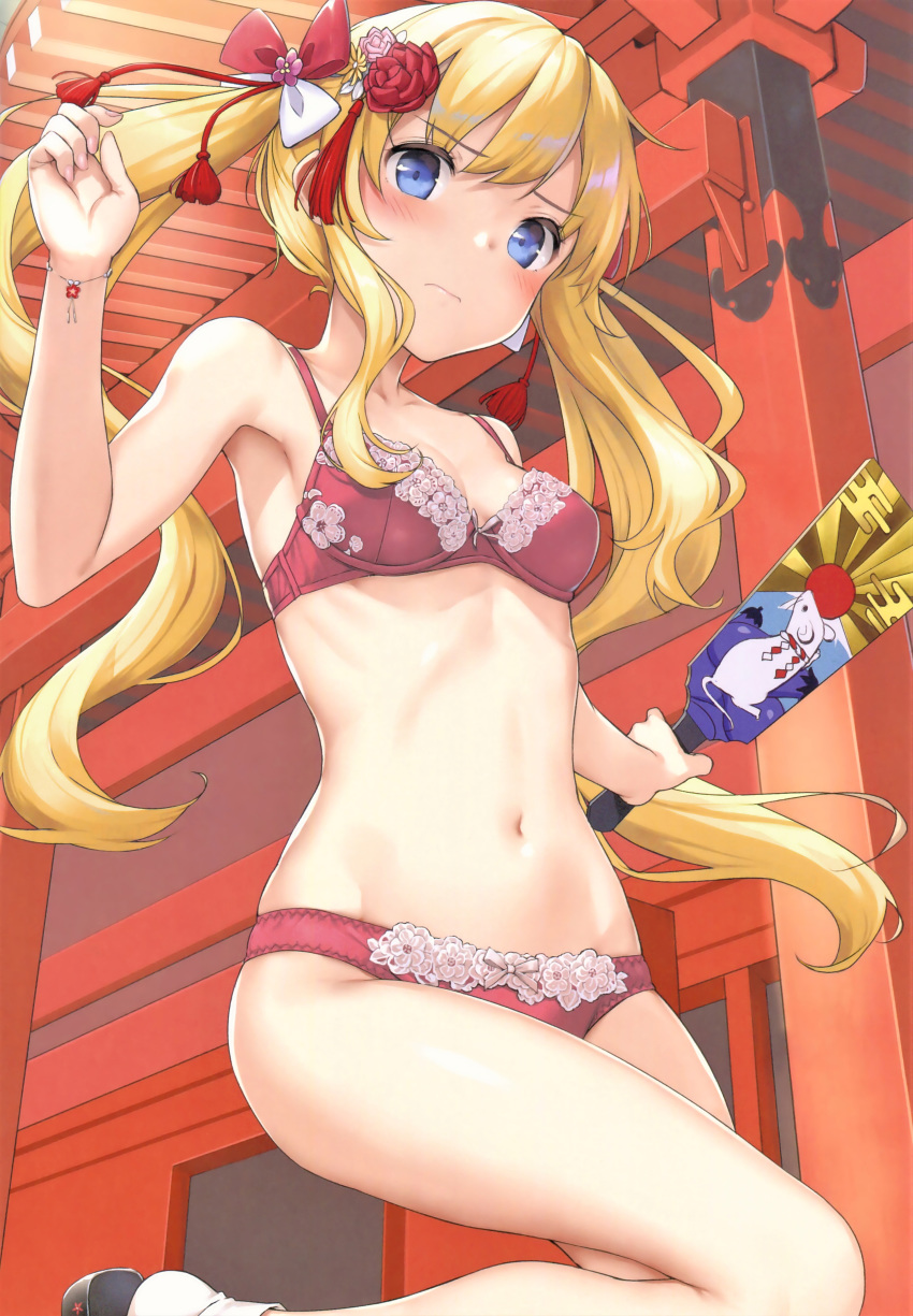 1girl absurdres blonde_hair blue_eyes blush bra bracelet breasts closed_mouth from_below frown hair_ornament highres jewelry leg_up long_hair nail_polish navel panties pink_bra pink_panties scan small_breasts solo takayaki toranoana twintails underwear underwear_only