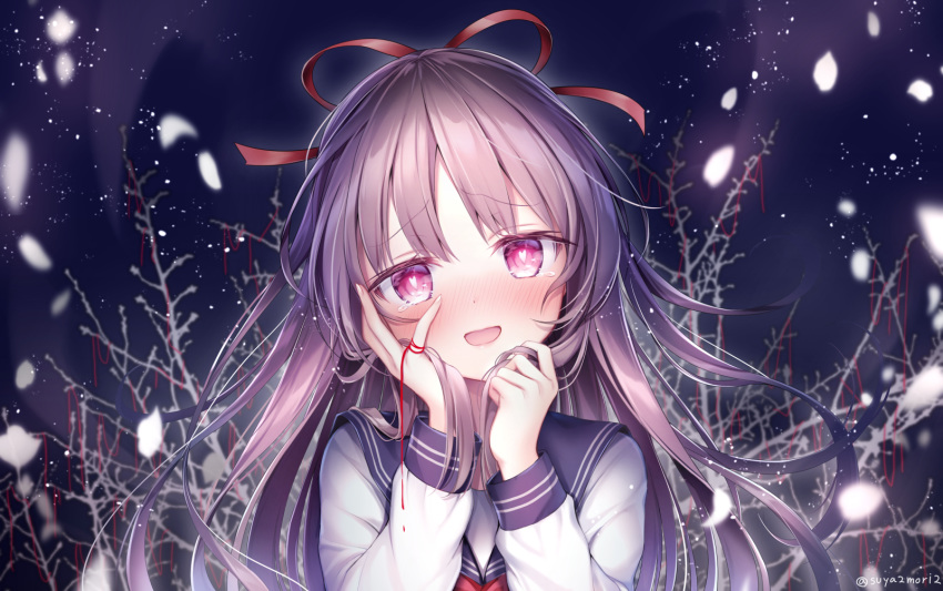 1girl bangs bare_tree blush eyebrows_visible_through_hair floating_hair hands_on_own_cheeks hands_on_own_face head_tilt heart heart-shaped_pupils highres holding holding_hair long_hair looking_at_viewer night open_mouth original outdoors purple_hair red_string sidelocks smile snowing solo string suya2mori2 symbol-shaped_pupils tree twitter_username upper_body