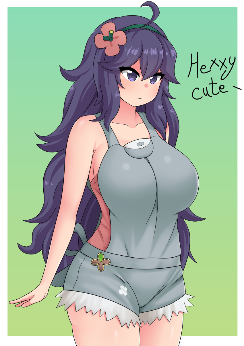 1girl @_@ absurdres ahoge al_bhed_eyes alternate_breast_size breasts closed_mouth collarbone cosplay flower hair_flower hair_ornament hairband hex_maniac_(pokemon) highres large_breasts long_hair mallow_(pokemon) mallow_(pokemon)_(cosplay) messy_hair overalls pokemon purple_hair shorts simple_background solo standing the_only_shoe violet_eyes