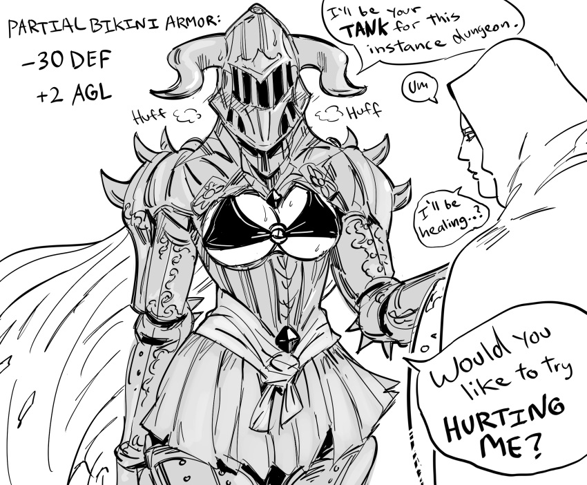 1boy 1girl armor armored_dress bb_(baalbuddy) bikini blush cape cloak cowboy_shot english_text facing_viewer full_armor gameplay_mechanics gauntlets greyscale heavy_breathing helmet highres hood hood_up masochism monochrome original pleated_skirt shield shoulder_spikes simple_background skirt spikes standing swimsuit white_background