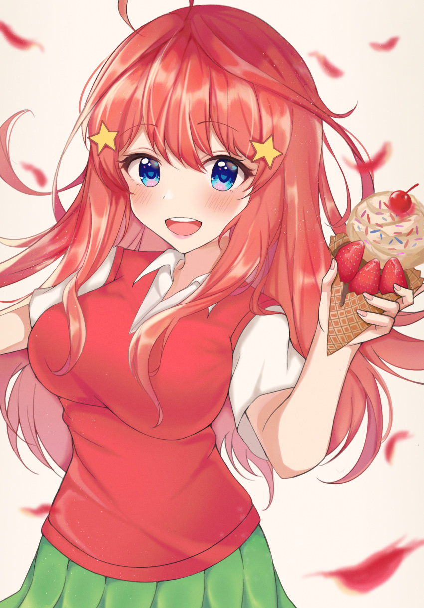 1girl 772hani absurdres ahoge bangs blue_eyes blush breasts cherry commentary eyebrows_visible_through_hair food fruit go-toubun_no_hanayome green_skirt hair_between_eyes hair_ornament highres holding holding_food large_breasts long_hair looking_at_viewer nakano_itsuki open_mouth pleated_skirt redhead shirt skirt smile solo star star_hair_ornament strawberry white_shirt