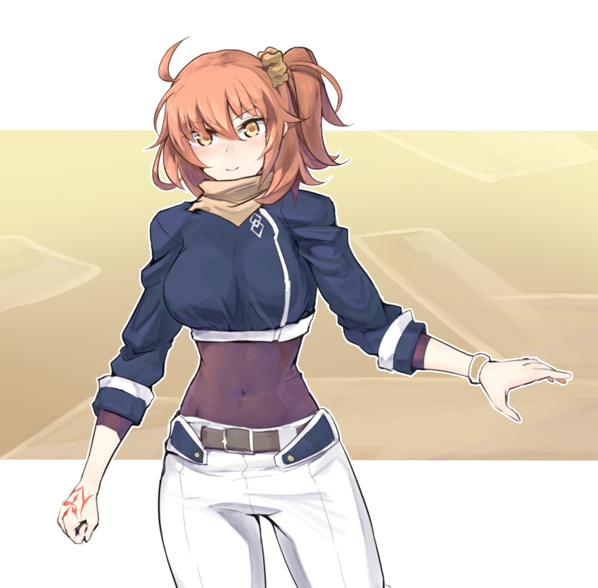 1girl ahoge bangs belt blue_shirt blush bodysuit_under_clothes breasts brown_background brown_belt clenched_hand command_spell commentary_request covered_navel cowboy_shot depo_(typebaby505) eyebrows_visible_through_hair fate/grand_order fate_(series) fujimaru_ritsuka_(female) hair_between_eyes hair_ornament hair_scrunchie highres large_breasts looking_at_viewer midriff one_side_up open_hand orange_eyes orange_hair orange_scarf orange_scrunchie scarf scrunchie shirt short_sleeves shorts sidelocks smile solo standing true_ether_chaldea_uniform two-tone_background white_background white_shorts wristband