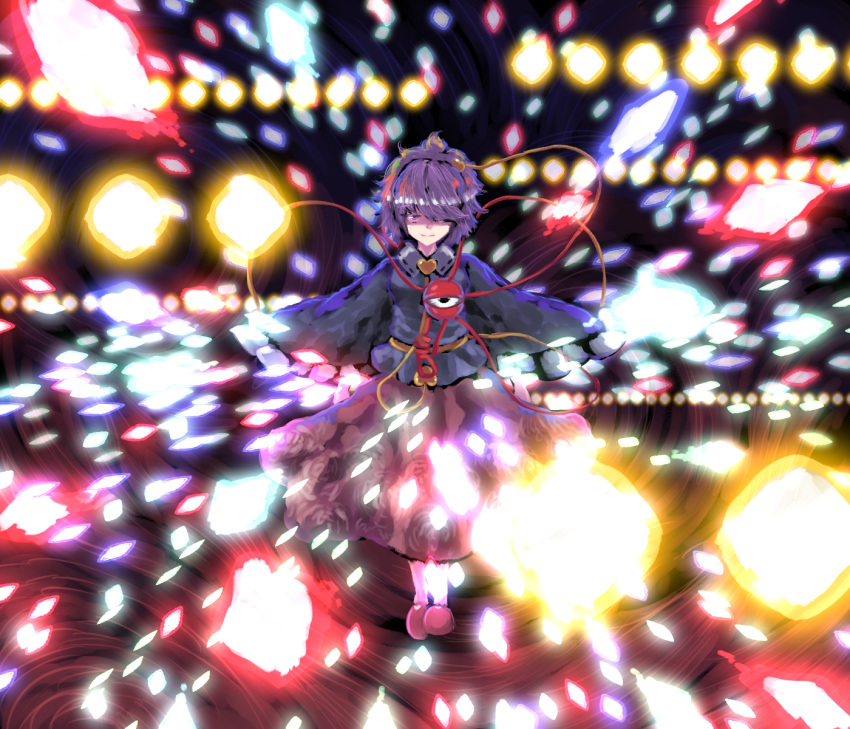 1girl abstract abstract_background attack black_hairband blue_shirt breasts closed_mouth collar collared_shirt danmaku eyeball eyebrows_visible_through_hair flower frilled_sleeves frills full_body hair_ornament hairband heart heart_hair_ornament highres komeiji_satori long_sleeves looking_at_viewer one_eye_closed pink_eyes pink_footwear pink_skirt purple_hair red_string ribbon ribbon-trimmed_collar ribbon_trim rose shirt short_hair skirt slippers small_breasts smile solo spell_card string sunyup third_eye touhou wavy_hair wide_sleeves