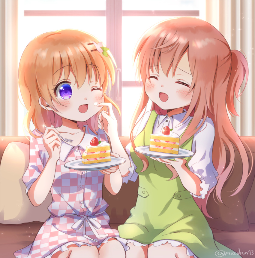 2girls ^_^ ^o^ apron artist_name blush breasts brown_hair cake closed_eyes collarbone collared_shirt couch eyebrows_visible_through_hair food fork gochuumon_wa_usagi_desu_ka? green_apron hair_ornament hairclip holding holding_fork holding_plate hoto_cocoa hoto_mocha long_hair medium_breasts mozukun43 multiple_girls one_eye_closed open_mouth plate redhead shirt short_hair short_sleeves sitting slice_of_cake small_breasts smile twitter_username violet_eyes white_shirt window