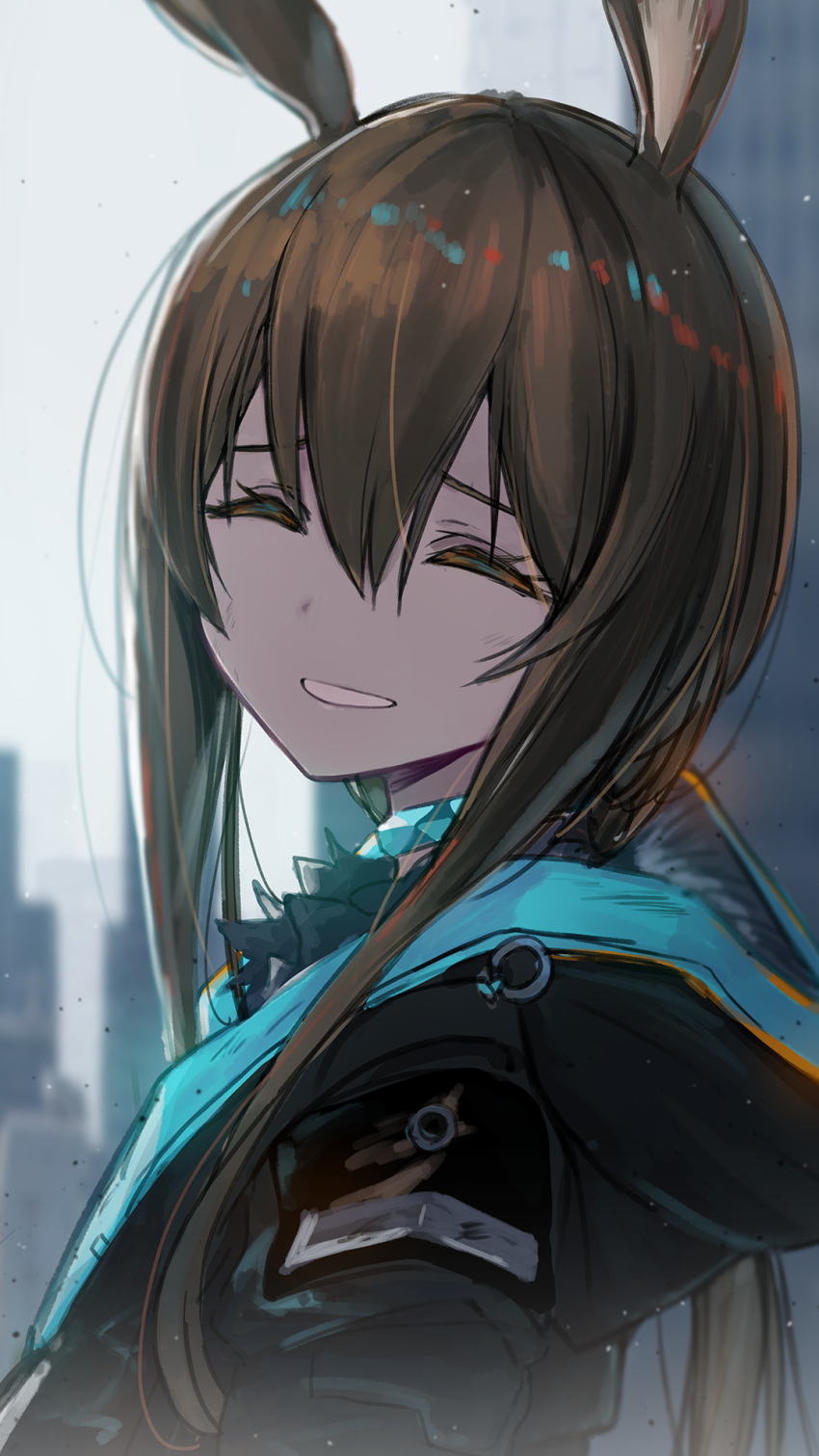 1girl amiya_(arknights) animal_ears arknights black_jacket blurry blurry_background brown_hair building city closed_eyes denken dirty_face eyelashes hair_between_eyes highres hood hooded_jacket jacket long_hair looking_at_viewer outdoors rabbit_ears smile solo straight_hair upper_body