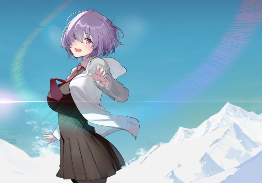 1girl black_dress black_legwear blue_sky blush breasts dress fate/grand_order fate_(series) hair_over_one_eye hareno_chiame hood hooded_jacket jacket large_breasts lavender_hair lens_flare long_sleeves looking_at_viewer mash_kyrielight mountain necktie open_clothes open_jacket open_mouth pantyhose red_neckwear short_hair sky smile violet_eyes