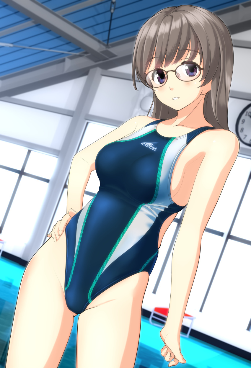 1girl absurdres black_eyes black_hair blue_swimsuit breasts clock collarbone competition_swimsuit contrapposto cowboy_shot dutch_angle glasses highres indoors long_hair looking_at_viewer medium_breasts one-piece_swimsuit original pool rooftop solo standing swimsuit takafumi window