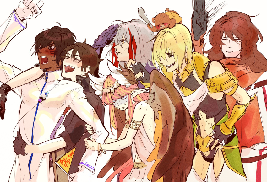 1girl 5boys arjuna_(fate/grand_order) armlet armor artist_request blonde_hair body_armor bracelet brown_hair chaldea_uniform circe_(fate/grand_order) club dark_skin embarrassed fate/grand_order fate_(series) fujimaru_ritsuka_(male) gloves head_wings highres holding_arm hug impending_hit jacket jason_(fate/grand_order) jewelry laughing multiple_boys odysseus_(fate/grand_order) orange_hair orion_(fate/grand_order) pointy_ears saint_george_(fate/grand_order) shading_eyes teasing weapon white_hair wings