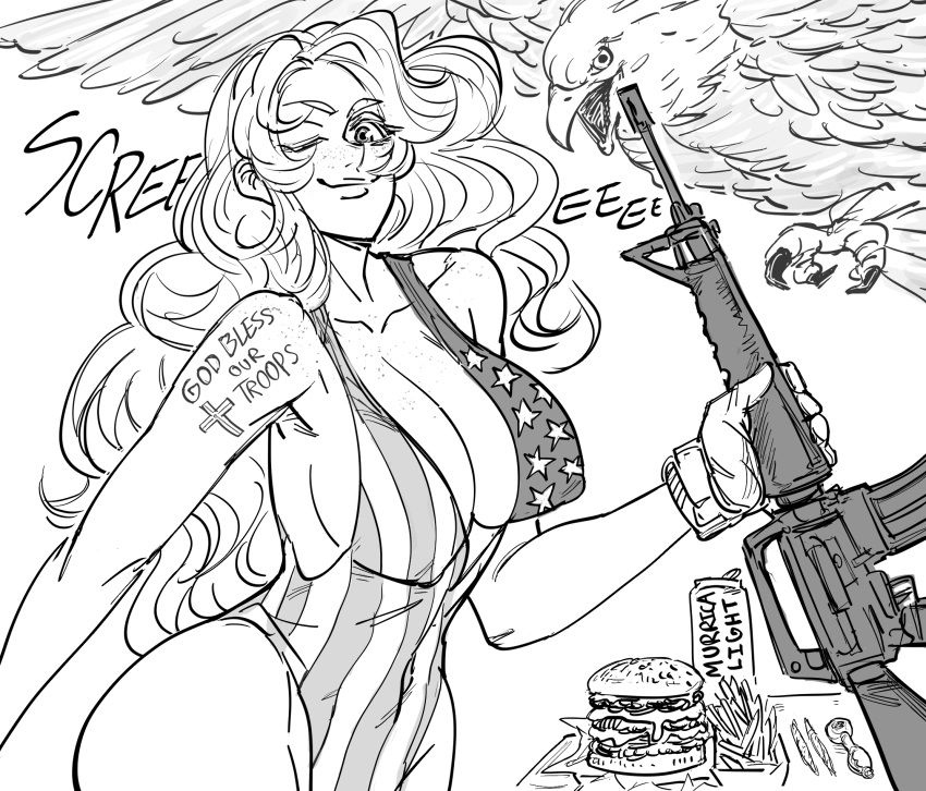 1girl america american_flag_dress ar-15 arm_tattoo bald_eagle bb_(baalbuddy) bird breasts closed_mouth covered_nipples cowboy_shot eagle english_text food freckles french_fries gloves greyscale gun hamburger highres holding holding_gun holding_weapon large_breasts latin_cross looking_at_viewer monochrome one_eye_closed original rifle simple_background smile solo tattoo weapon white_background