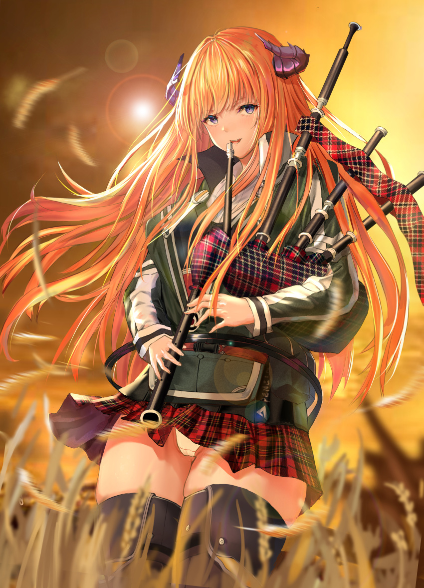 1girl :d a-by absurdres arknights bagpipe_(arknights) bagpipes bangs black_legwear blue_eyes commentary_request cowboy_shot grass green_jacket highres holding holding_instrument horns instrument jacket lens_flare long_hair long_sleeves looking_at_viewer miniskirt music open_mouth orange_hair outdoors panties pantyshot pantyshot_(standing) plaid plaid_skirt playing_instrument red_skirt skirt smile solo standing thigh-highs thighs underwear very_long_hair white_panties