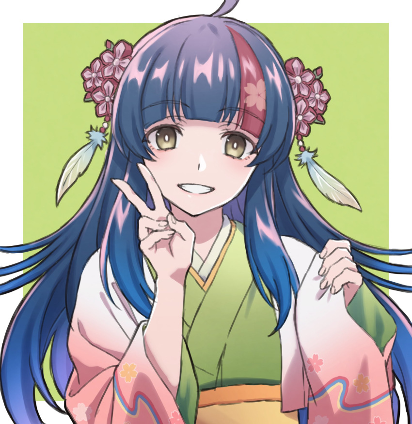 1girl ahoge blue_hair brown_eyes character_request copyright_request eyebrows_visible_through_hair feathers grin highlights highres long_hair long_sleeves multicolored_hair parted_lips redhead smile solo teeth tsu3_v two-tone_hair upper_teeth v very_long_hair