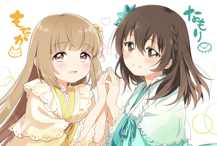 2girls artist_name braid brown_eyes brown_hair closed_mouth collaboration collarbone commentary earrings eyebrows_visible_through_hair fujiwara_hajime heart highres holding_hands idolmaster idolmaster_cinderella_girls jewelry long_hair medium_hair multiple_girls namori necklace parted_lips sanshi_suimei very_long_hair yorita_yoshino yui_(spica) yuri