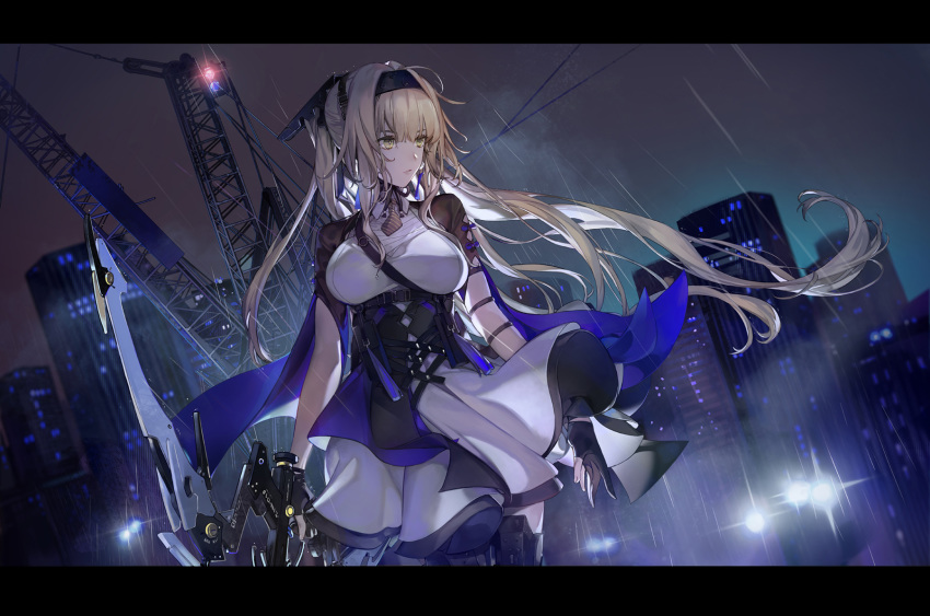 1girl bangs black_gloves blonde_hair bow_(weapon) breasts building character_request city closed_mouth commentary_request cowboy_shot crane_(machine) dress gloves headgear highres holding holding_bow_(weapon) holding_weapon letterboxed long_hair mini_necktie night noir_(ibaraki) outdoors partly_fingerless_gloves punishing:_gray_raven rain skyscraper solo weapon white_dress yellow_eyes
