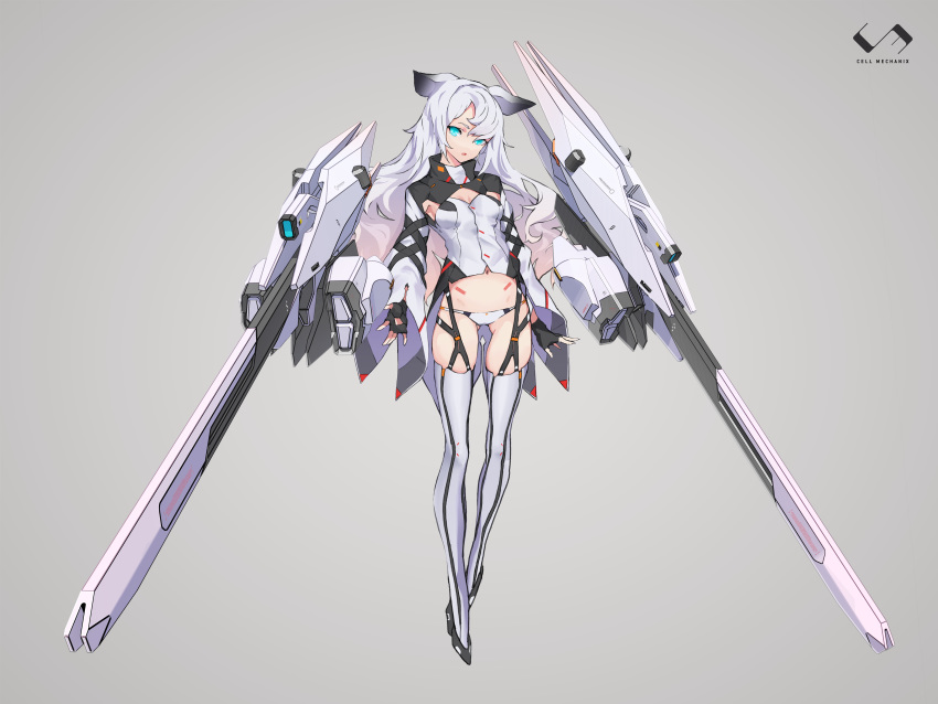 1girl absurdres animal_ears arms_at_sides blue_eyes breasts cancell fingerless_gloves full_body gloves highres long_hair looking_at_viewer mecha_musume navel original railgun science_fiction simple_background skindentation small_breasts solo thigh-highs white_hair wide_sleeves