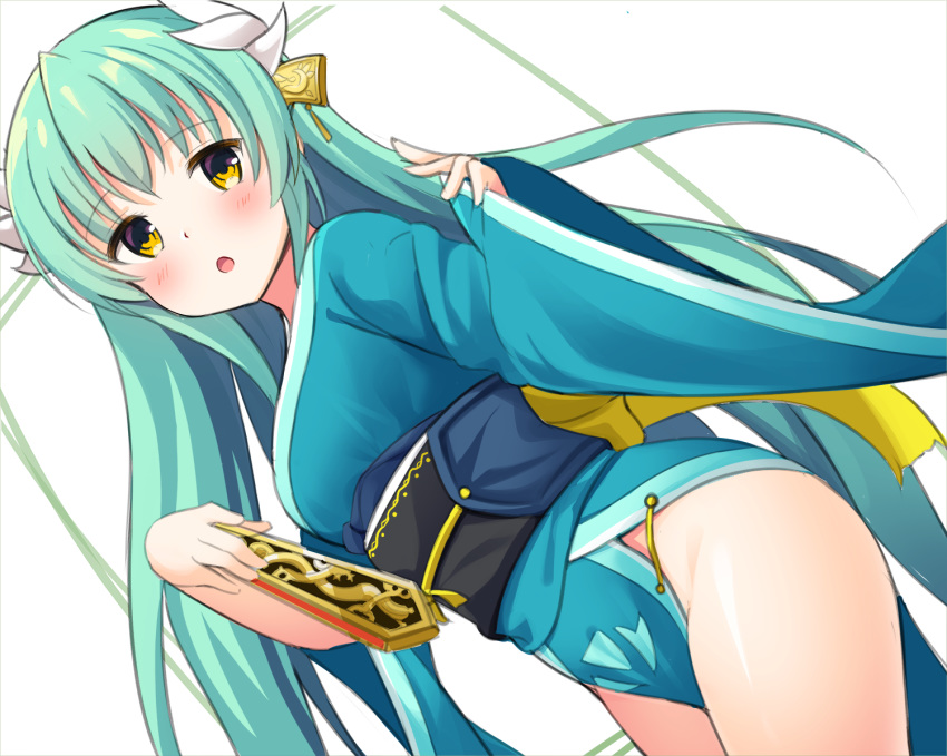 1girl bangs blush breasts dragon_girl dragon_horns eyebrows_visible_through_hair fate/grand_order fate_(series) green_hair hayama_532 horns japanese_clothes kiyohime_(fate/grand_order) looking_at_viewer short_hair solo yellow_eyes